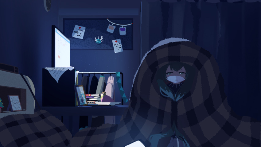 1girl, aqua_eyes, bulletin_board, closed_mouth, clothes_rack, commentary_request, commission, curtains, dark, half-closed_eyes, hatsune_miku, indoors, long_hair, looking_at_viewer, machigami_yoh, monitor, night, on_bed, screen_light, sitting, solo, twintails, under_covers, vocaloid