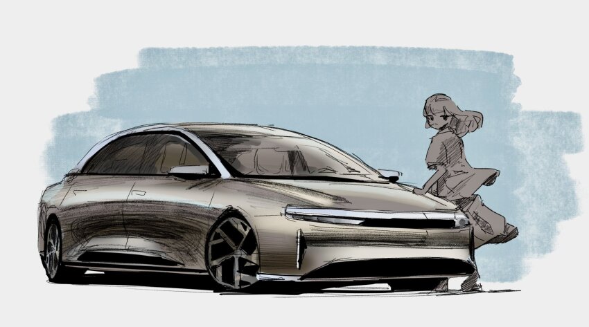 1girl, boots, car, expressionless, floating_hair, greyscale_with_colored_background, highres, hikageno, long_hair, looking_to_the_side, lucid_air, lucid_motors, motor_vehicle, original, shadow, shirt, sketch, skirt, vehicle_focus