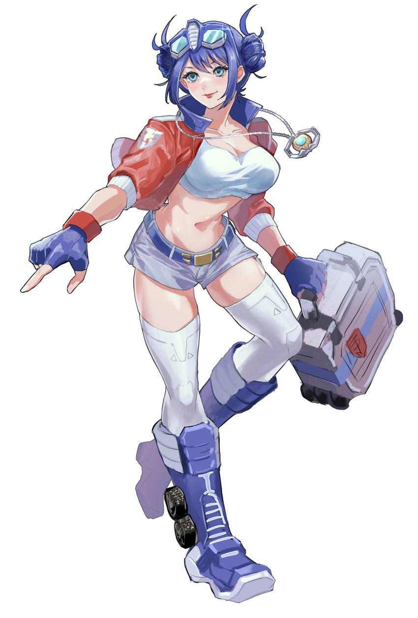 1girl, absurdres, belt, blue_belt, blue_boots, blue_eyes, blue_hair, boots, breasts, double_bun, eyewear_on_head, glasses, grey_shorts, hair_behind_ear, hair_bun, highres, holding, holding_suitcase, jewelry, kotobukiya_bishoujo, markka_ph, matrix_of_leadership, medium_breasts, necklace, optimus_prime, optimus_prime_(kotobukiya_bishoujo), pointing, red_lips, shorts, simple_background, smile, solo, suitcase, thighhighs, transformers, wheel, white_background, white_thighhighs