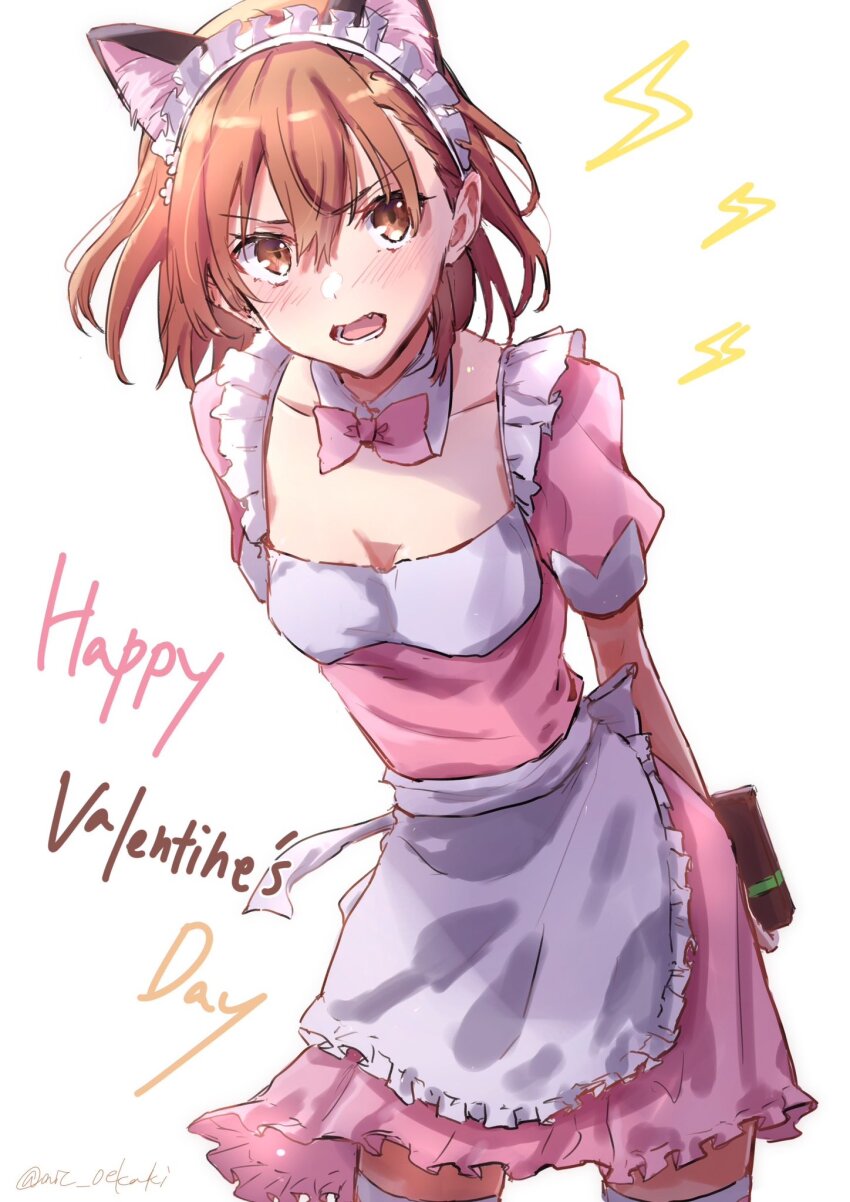 1girl, aic_oekaki, alternate_costume, angry, animal_ear_fluff, animal_ears, apron, arms_behind_back, artist_name, blush, bow, bowtie, box, box_of_chocolates, breasts, brown_eyes, brown_hair, cat_ears, cleavage, collarbone, commentary, detached_collar, dress, embarrassed, english_text, enmaided, fake_animal_ears, floating_hair, food, frilled_apron, frilled_dress, frilled_hairband, frills, hair_between_eyes, hairband, highres, holding, holding_box, holding_food, leaning_forward, lightning_bolt_symbol, looking_at_viewer, loose_hair_strand, maid, maid_day, maid_headdress, misaka_mikoto, open_mouth, pink_bow, pink_bowtie, pink_dress, puffy_short_sleeves, puffy_sleeves, short_sleeves, signature, small_breasts, solo, teeth, thighhighs, toaru_kagaku_no_railgun, toaru_majutsu_no_index, tsundere, twitter_username, v-shaped_eyebrows, waist_apron, white_apron, white_background, white_hairband, white_thighhighs, zettai_ryouiki
