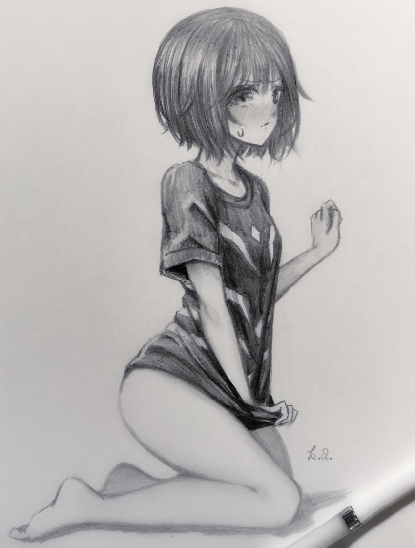 1girl, absurdres, accelerator_(toaru_majutsu_no_index), accelerator_(toaru_majutsu_no_index)_(cosplay), art_tools_in_frame, artist_name, ass, bad_anatomy, barefoot, between_legs, black_shirt, blush, breasts, collarbone, commentary, cosplay, covering_crotch, covering_privates, diagonal-striped_shirt, feet, from_side, frown, full_body, furrowed_brow, graphite_(medium), greyscale, hand_between_legs, hand_up, highres, kinuhata_saiai, kneeling, kuroaduki, legs, looking_at_viewer, monochrome, no_pants, reversed_foot, shadow, shirt, shirt_tug, short_hair, signature, small_breasts, solo, sweatdrop, t-shirt, toaru_kagaku_no_railgun, toaru_majutsu_no_index, toaru_majutsu_no_index:_old_testament, toes, traditional_media, two-tone_shirt, white_shirt