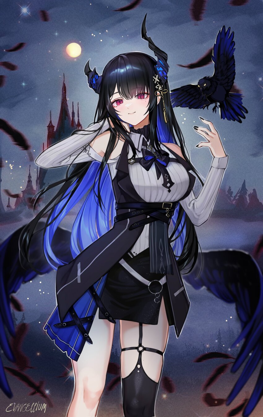 1girl, absurdres, arm_behind_head, artist_name, asymmetrical_horns, bare_shoulders, belt, bird