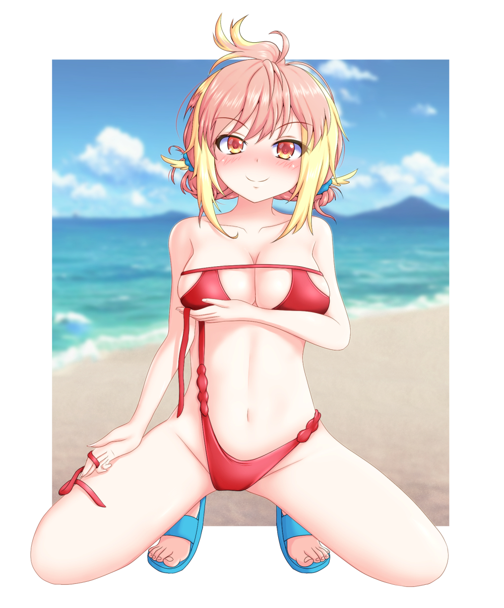 1girl, alternate_costume, beach, bikini, blonde_hair, blue_sandals, blue_sky, blush