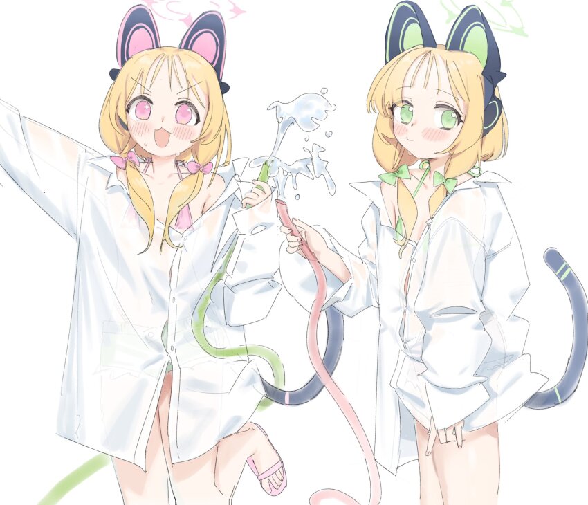 2girls, :3, animal_ear_headphones, animal_ears, bikini, blonde_hair, blue_archive, blush