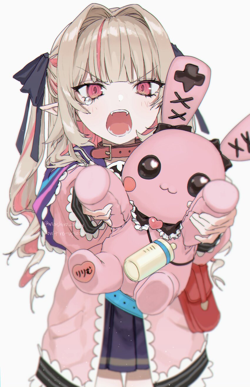 1girl, absurdres, angry, artist_name, baby_bottle, bag, black_ribbon, blue_sailor_collar, blue_skirt, blunt_bangs, bottle, choker, curly_hair, fangs, grey_hair, hair_intakes, hair_ribbon, handbag, highres, holding, holding_stuffed_toy, jacket, looking_at_viewer, makaino_ririmu, makaino_ririmu_(4th_costume), mashiro_andy, multicolored_hair, nijisanji, open_mouth, pink_hair, pink_jacket, pleated_skirt, pointy_ears, red_bag, red_choker, red_eyes, ribbon, sailor_collar, simple_background, skirt, solo, streaked_hair, stuffed_animal, stuffed_rabbit, stuffed_toy, teardrop, twintails, virtual_youtuber, watermark, white_background