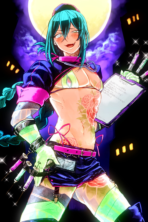 1boy, arm_tattoo, belt, between_fingers, bikini, black_belt, black_hat, black_shirt, black_skirt, blue_hair, boots, braid, chest_tattoo, clipboard, commentary_request, cosplay, cowboy_shot, crop_top, crossdressing, crossdressing_(mtf), extreme_crop_top, fang, fate/grand_order, fate_(series), florence_nightingale_(fate), florence_nightingale_(trick_or_treatment)_(fate), florence_nightingale_(trick_or_treatment)_(fate)_(cosplay), flower_tattoo, full_moon, gedougawa, gloves, green_bikini, green_gloves, green_thighhighs, grey_eyes, hair_between_eyes, hat, holding, holding_syringe, id_card, long_bangs, long_hair, looking_at_viewer, male_focus, miniskirt, moon, navel, nurse_cap, open_mouth, pectorals, pencil_skirt, pink_belt, revealing_clothes, shirt, short_sleeves, shrug_(clothing), sidelocks, skirt, smile, solo, swimsuit, syringe, tattoo, thighhighs, thighhighs_under_boots, twin_braids, yan_qing_(fate)