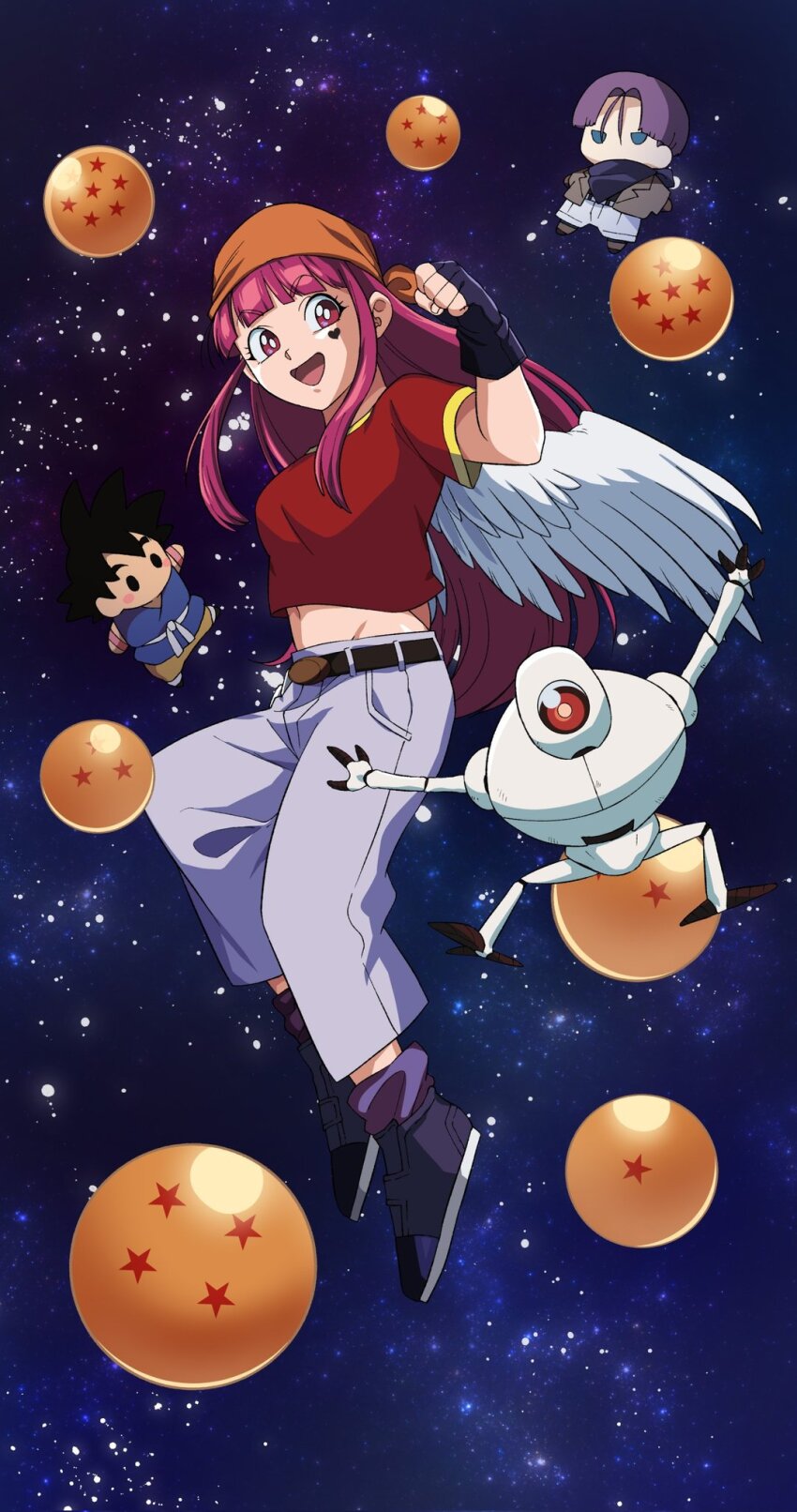 1girl, 1other, :d, bandana, belt, belt_buckle, black_belt, black_footwear