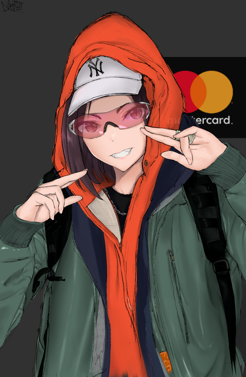 bladee, brown_hair, eyewear_on_head, gang_sign, hat, highres, hood, hoodie, hot, joeyy_(rapper), non-web_source, orange_hoodie, pale_skin, sunglasses, swedish_clothes, what
