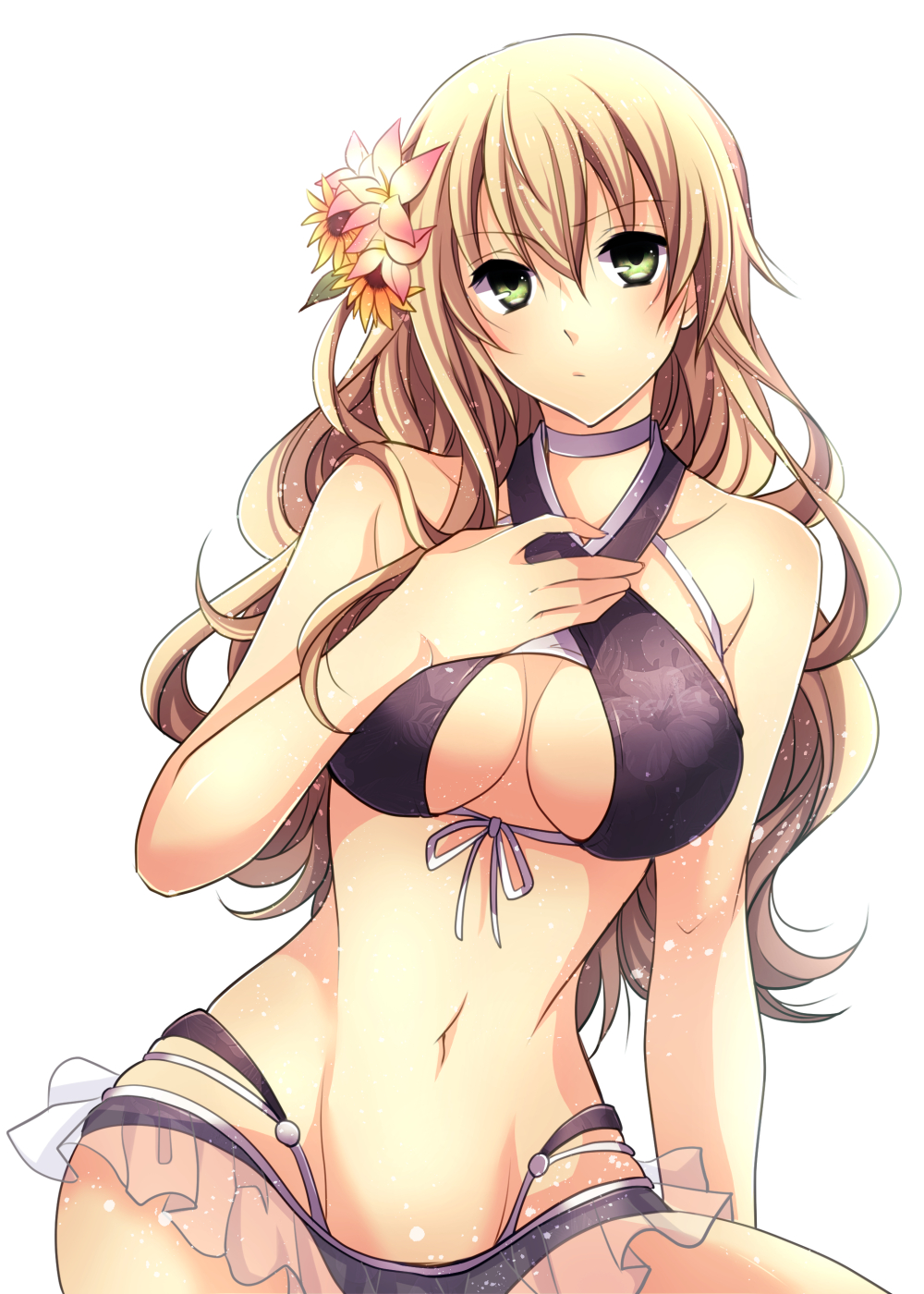 1girl, ao_no_kiseki, bikini, black_bikini, blonde_hair, breasts, cleavage, cleavage_cutout