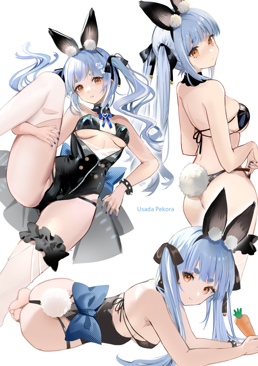 1girl, ass, black_leotard, blue_hair, blue_ribbon, breasts, carrot, highres