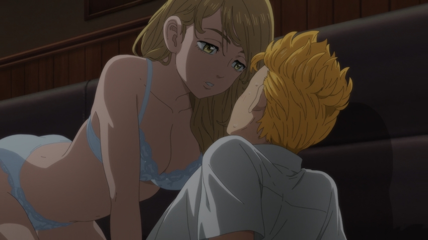 1boy, 1girl, ass, assertive_female, blonde_hair, bra, breasts, hanagaki_takemichi, highres, large_breasts, long_hair, panties, sano_emma, tokyo_revengers, underwear, white_bra, white_panties, yellow_eyes