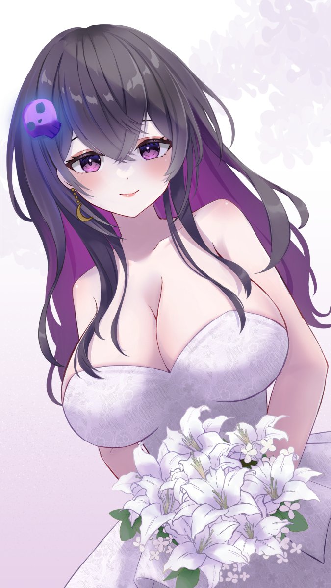 1girl, black_hair, bouquet, breasts, cleavage, collarbone, colored_inner_hair, commission