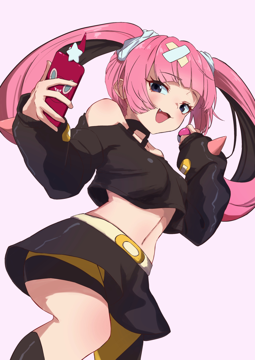 1girl, :d, absurdres, belt, belt_buckle, black_skirt, blush, breasts, buckle, commentary_request, coral_(pokemon), eyelashes, eyeshadow, fang, gen_4_pokemon, grey_eyes, hair_ornament, hand_up, highres, holding, holding_phone, lamune_otohara, looking_down, makeup, medium_breasts, navel, nintendo, off-shoulder_shirt, off_shoulder, open_mouth, phone, pink_eyeshadow, pink_hair, pokemon, pokemon_(anime), pokemon_horizons, rotom, rotom_phone, shirt, skirt, smile, solo, tongue, twintails