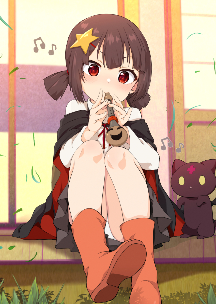 1girl, black_cape, boots, brown_hair, cape, chomusuke, flute, hair_ornament, highres, holding, instrument, komekko, kono_subarashii_sekai_ni_shukufuku_wo!, musical_note, nekosaki, outdoors, panties, pantyshot, playing_flute, playing_instrument, pleated_skirt, ponytail, red_eyes, red_ribbon, ribbon, shirt, shoe_soles, short_ponytail, sitting, skirt, star_(symbol), star_hair_ornament, underwear, white_panties, white_shirt
