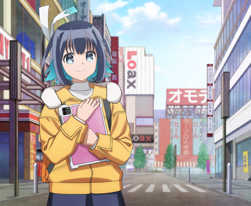 16bit_sensation, 1girl, akihabara_(tokyo), akisato_konoha, aqua_hair, banner, black_hair, brand_name_imitation, colored_inner_hair, commentary_request, drawing_tablet, grey_eyes, hair_ribbon, highres, holding, holding_drawing_tablet, ishimaru_denki_(electronics_store), jacket, key_visual, laox, looking_at_viewer, multicolored_hair, nobori, official_art, onoden, promotional_art, ribbon, sasaki_masakatsu, short_hair, sidelocks, smile, solo, split_mouth, white_ribbon, yellow_jacket