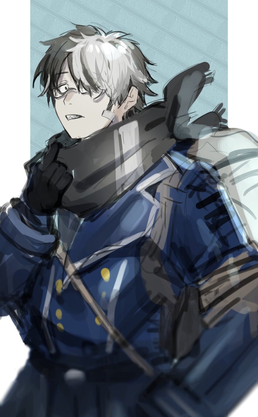 1boy, another_eidos-r, bandaid, bandaid_on_cheek, bandaid_on_face, black_gloves, black_hair, black_scarf