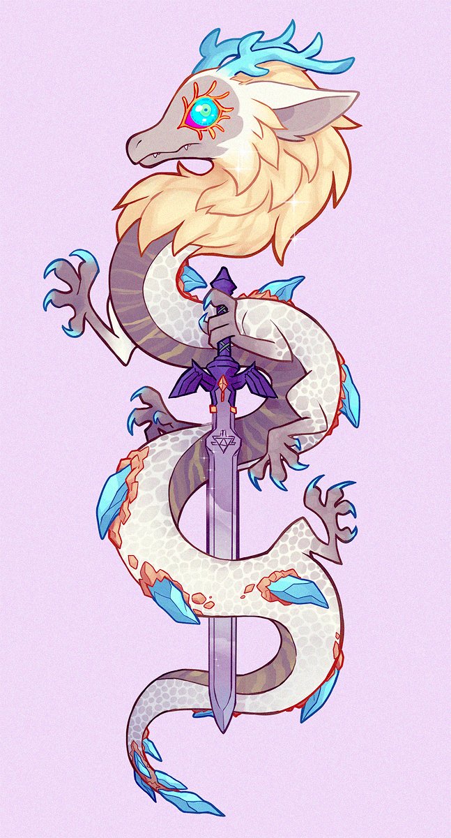 antlers, beth_turnsek, blonde_hair, claws, colored_sclera, dragon, from_side, full_body, green_eyes, grey_background, highres, holding, holding_sword, holding_weapon, horns, light_dragon_(zelda), long_hair, master_sword, nintendo, pink_sclera, simple_background, solo, spoilers, sword, the_legend_of_zelda, the_legend_of_zelda:_tears_of_the_kingdom, weapon