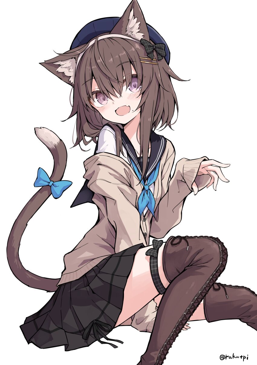 1girl, :d, absurdres, animal_ear_fluff, animal_ears, between_legs, black_sailor_collar, black_skirt