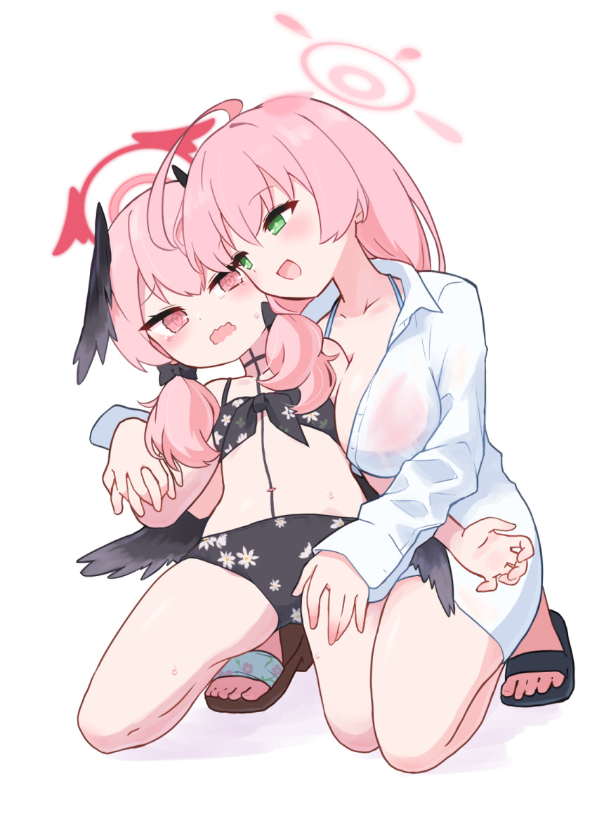 2girls, :d, age_difference, ahoge, bikini, bikini_under_clothes, black_bikini, black_bow, black_wings, blue_archive, blush, bow, breasts, collarbone, commentary_request, feathered_wings, female_focus, flat_chest, floral_print, front-tie_bikini_top, front-tie_top, full_body, green_eyes, hair_bow, halo, hanako_(blue_archive), hanako_(swimsuit)_(blue_archive), head_wings, highres, koharu_(blue_archive), koharu_(swimsuit)_(blue_archive), large_breasts, loli, long_hair, long_shirt, long_sleeves, low_twintails, low_wings, multiple_girls, navel, official_alternate_costume, onee-loli, open_clothes, open_mouth, open_shirt, paskmel, pink_bikini, pink_eyes, pink_hair, pink_halo, print_bikini, sandals, shirt, smile, swimsuit, tearing_up, tears, toes, twintails, unbuttoned, unbuttoned_shirt, wavy_eyes, wavy_mouth, white_background, white_shirt, wings, yuri