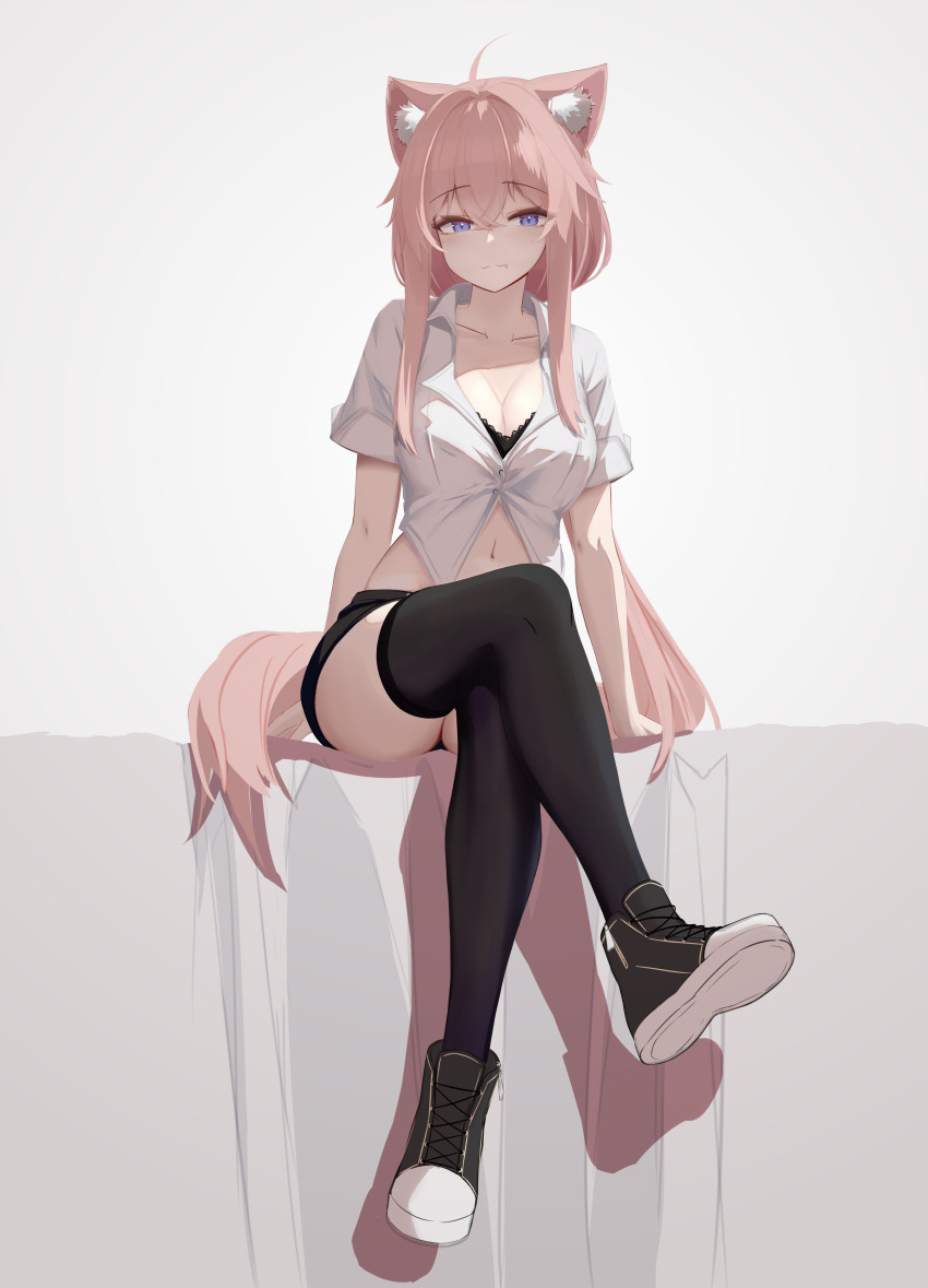 1girl, :3, absurdres, animal_ears, black_bra, black_shorts, black_thighhighs, blue_eyes, bra, breasts, cat_ears, cat_girl, crossed_legs, fang, fang_out, highres, large_breasts, long_hair, looking_at_viewer, navel, neko_(solution1988), original, pink_hair, shirt, shoes, short_sleeves, shorts, sitting, smile, sneakers, thighhighs, underwear, very_long_hair, white_shirt