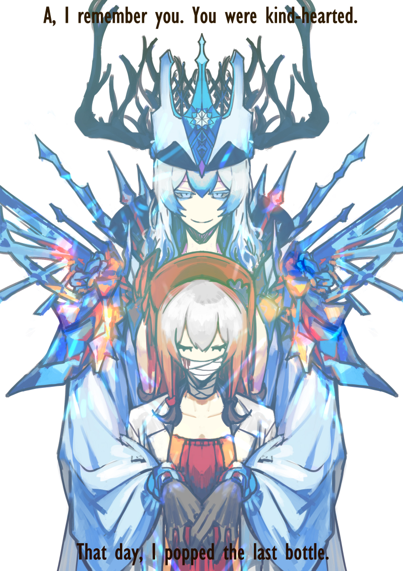 2girls, black_gloves, blood, bloodbath_(project_moon), blue_eyes, bonnet, closed_eyes, closed_mouth