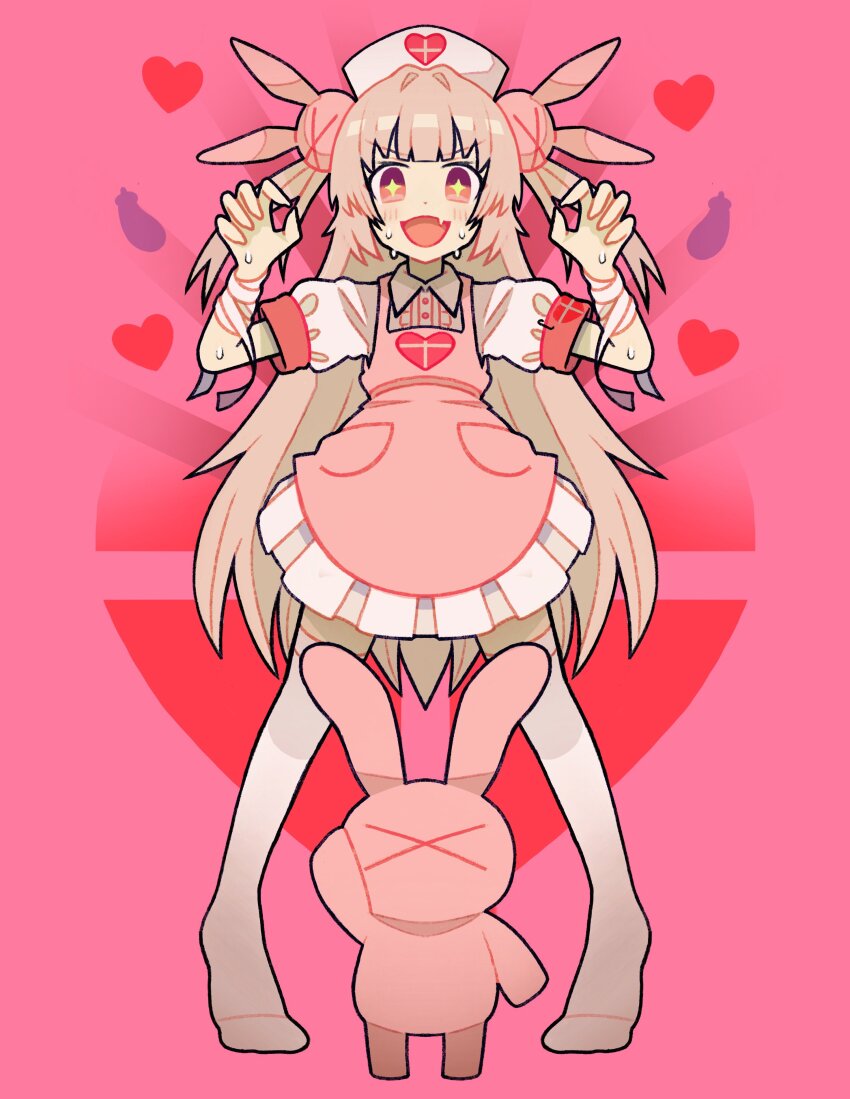 >_<, 1girl, :d, absurdres, apron, arm_up, bandaged_wrist, bandages