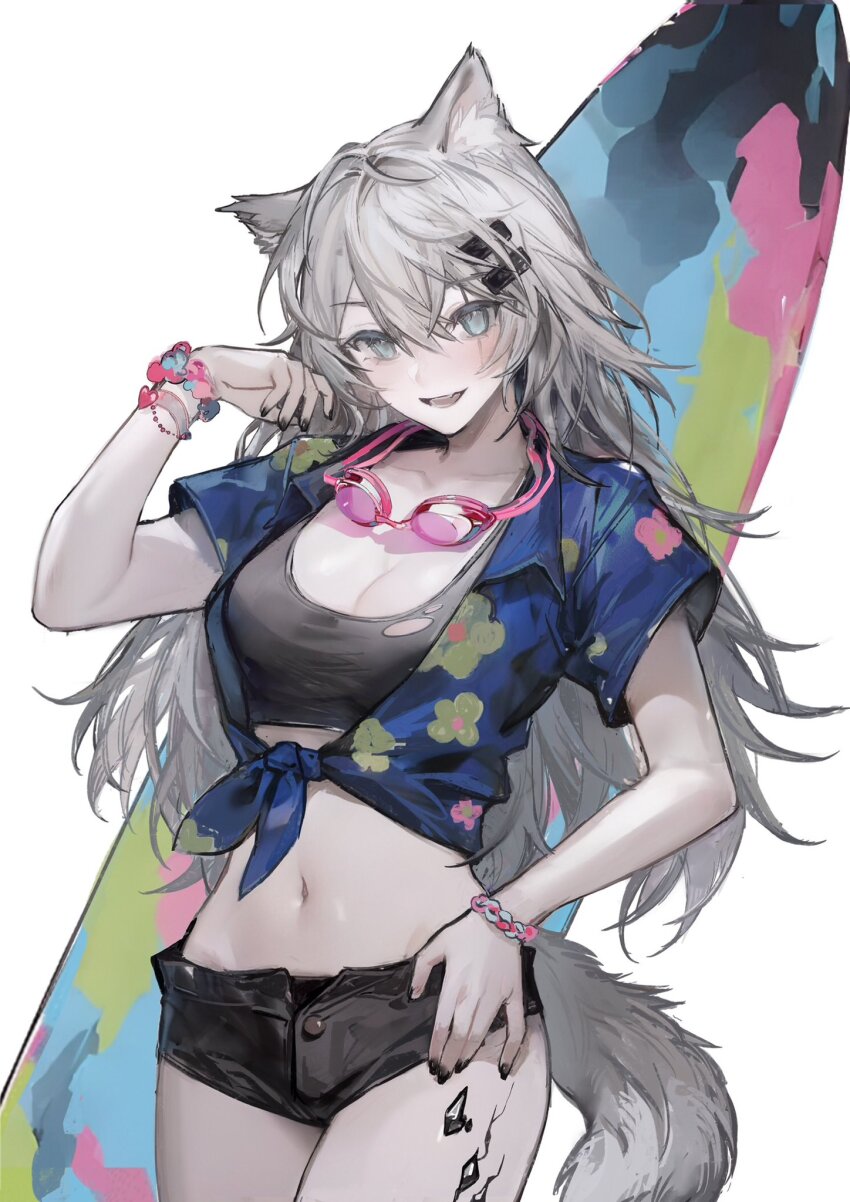 1girl, alternate_costume, animal_ear_fluff, animal_ears, arknights, black_nails, black_shorts, blue_shirt, bracelet, breasts, cleavage, collarbone, cowboy_shot, crop_top, floral_print, goggles, goggles_around_neck, grey_eyes, hawaiian_shirt, highres, jewelry, lappland_(arknights), liangban_xiexu, long_hair, looking_at_viewer, material_growth, medium_breasts, midriff, navel, open_clothes, open_fly, open_shirt, oripathy_lesion_(arknights), print_shirt, scar, scar_across_eye, scar_on_face, shirt, short_shorts, short_sleeves, shorts, simple_background, smile, solo, standing, surfboard, tail, tied_shirt, white_background, wolf_ears, wolf_girl, wolf_tail