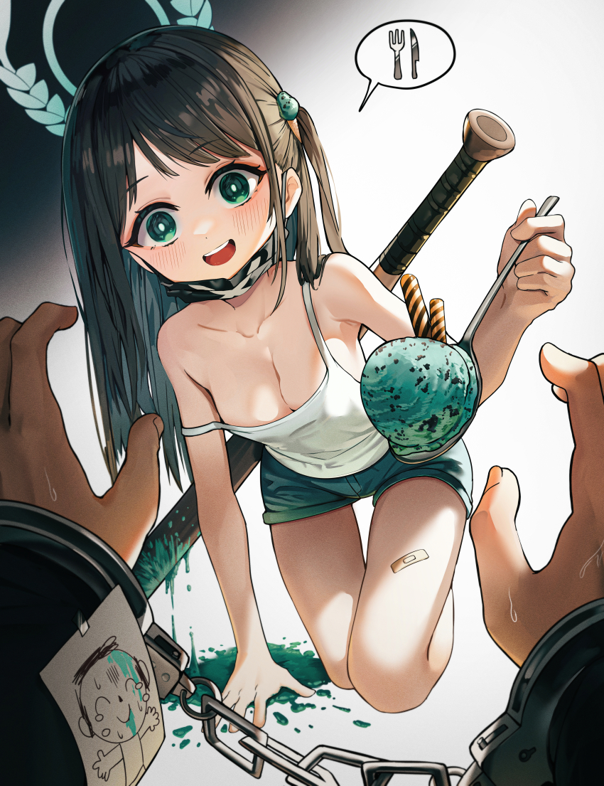 1boy, 1girl, absurdres, airi_(blue_archive), alternate_costume, arm_support, bandaid, bandaid_on_leg, bandaid_on_thigh, blue_archive, blush, breasts, brown_hair, chained_wrists, collarbone, cuffs, doodle_sensei_(blue_archive), food-themed_hair_ornament, green_eyes, green_halo, green_shorts, gro_(lee145879), hair_ornament, halo, handcuffs, hetero, highres, holding, holding_spoon, ice_cream_hair_ornament, kneeling, leaning_forward, long_hair, looking_at_viewer, mask, mask_pull, medium_breasts, mint_chocolate, mouth_mask, one_side_up, open_mouth, pov, pov_hands, sensei_(blue_archive), short_shorts, shorts, speech_bubble, spoken_object, spoon, strap_slip, tank_top, teeth, upper_teeth_only, white_tank_top