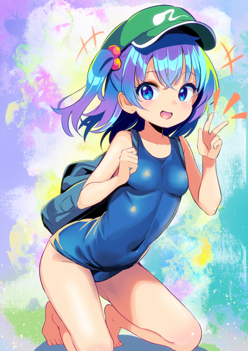 1girl, bare_arms, bare_legs, bare_shoulders, barefoot, blue_eyes, blue_hair, blue_one-piece_swimsuit