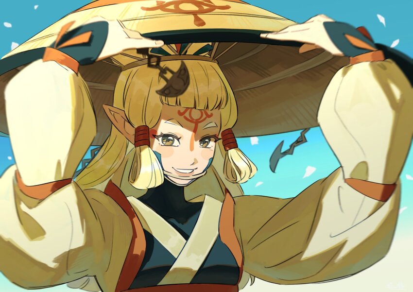 1girl, brown_eyes, eye_symbol, facial_mark, forehead_tattoo, highres, lips, long_hair, looking_at_viewer, maotuiii, nintendo, paya_(zelda), pointy_ears, sheikah, smile, solo, tattoo, the_legend_of_zelda, the_legend_of_zelda:_breath_of_the_wild, white_hair