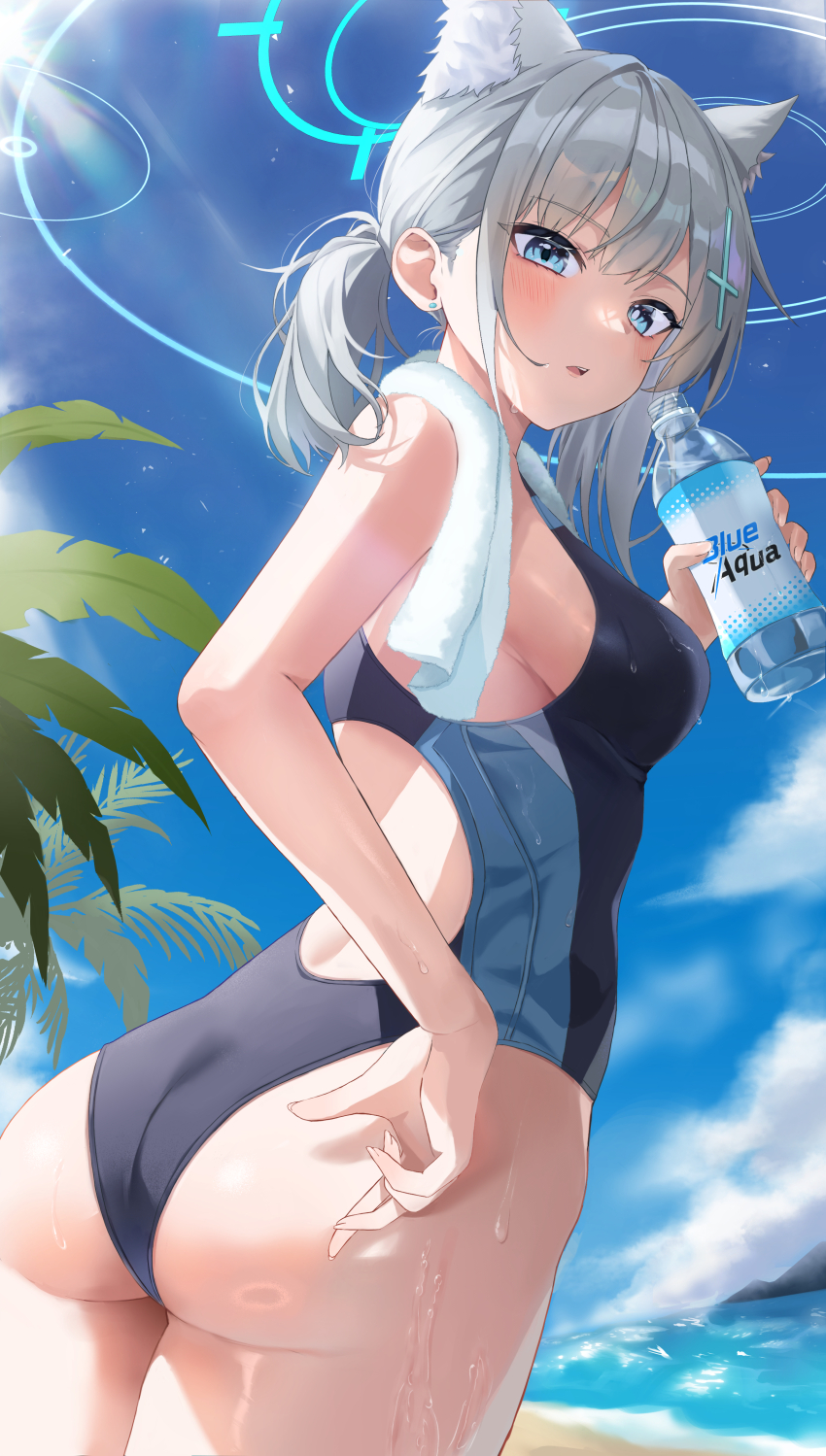 1girl, absurdres, animal_ear_fluff, animal_ears, ass, beach, blue_archive, blue_eyes