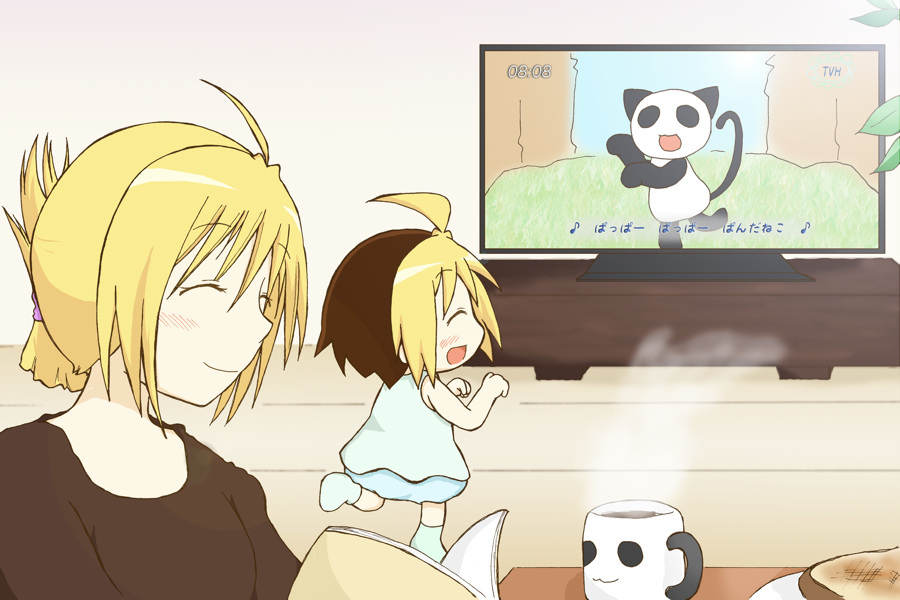 2girls, ahoge, anzu_(hanamaru_youchien), bad_id, bad_pixiv_id, blonde_hair, child, closed_eyes, colored_bangs, cup, dancing, hanamaru_youchien, kamekichi_(agoyarou), mother_and_child, mother_and_daughter, mug, multicolored_hair, multiple_girls, panda_neko, parent_and_child, sakura_(hanamaru_youchien), smile, television