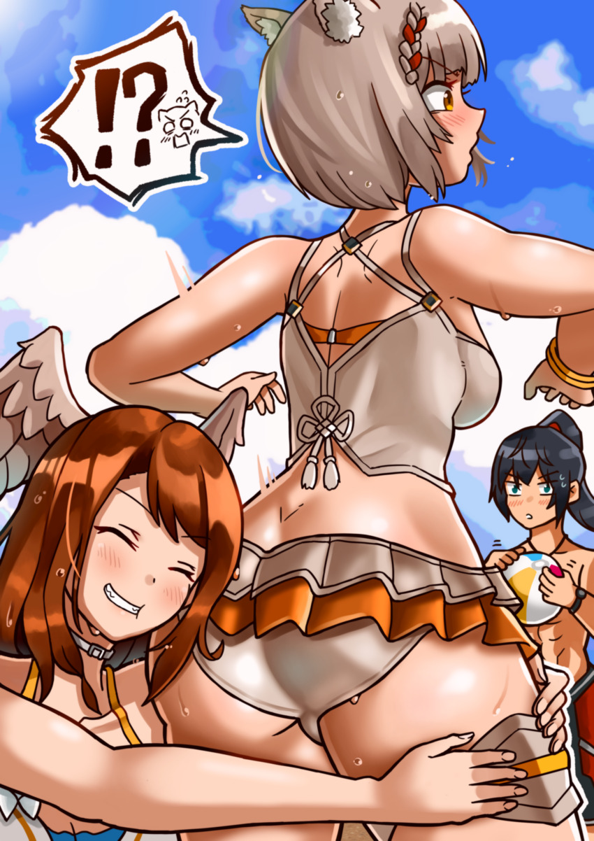 !?, 3girls, abs, absurdres, animal_ears, ass, ball, beachball, bikini, black_hair, blue_eyes, blush, bracelet, breasts, brown_eyes, brown_hair, cat_ears, choker, closed_eyes, embarrassed, eunie_(xenoblade), frilled_bikini, frills, grey_hair, head_on_ass, head_wings, highres, hugging_another's_leg, jewelry, male_swimwear, medium_breasts, medium_hair, mio_(xenoblade), multiple_girls, noah_(xenoblade), official_alternate_costume, oniisan, ponytail, red_male_swimwear, red_swim_trunks, short_hair, smile, surprised, swim_trunks, swimsuit, thigh_strap, watch, wings, xenoblade_chronicles_(series), xenoblade_chronicles_3, yotsuha_uni