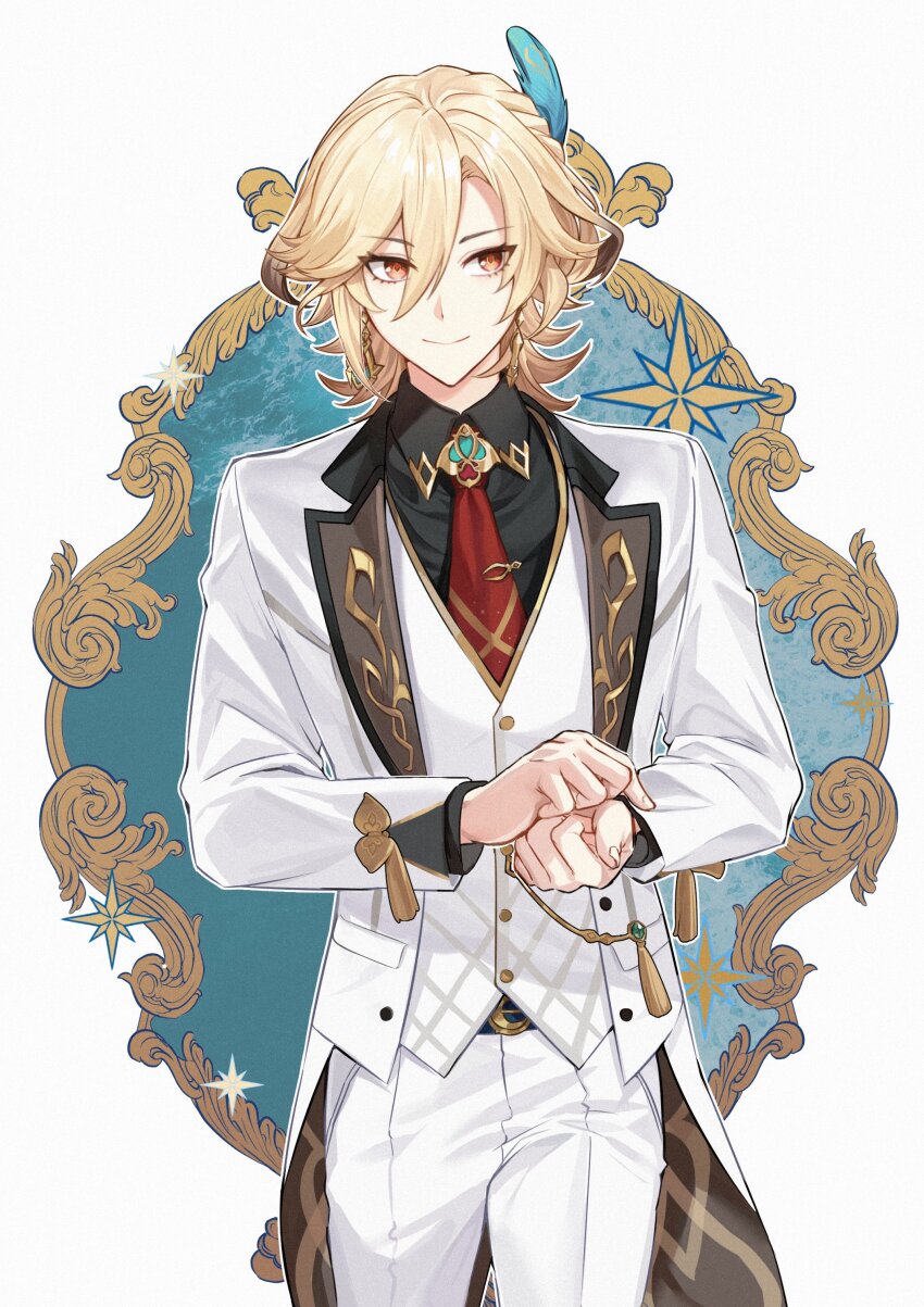 1boy, absurdres, belt, black_belt, black_shirt, blonde_hair, braid, brown_hair