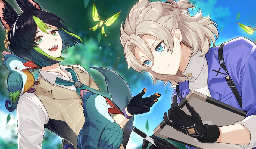 2boys, absurdres, albedo_(genshin_impact), albedo_(m&amp;g)_(genshin_impact), animal_ear_fluff, animal_ears, aqua_ascot, aqua_eyes, ascot, bird, black_gloves, black_hair, black_vest, blue_eyes, blue_feathers, blue_sky, blunt_ends, blurry, blurry_background, braid, branch, brown_feathers, brown_vest, bug, butterfly, butterfly_wings, checkered_clothes, checkered_vest, closed_mouth, collared_shirt, collared_vest, crystalfly_(genshin_impact), day, earrings, feathered_wings, feathers, flying, fox_boy, fox_ears, fox_tail, french_braid, genshin_impact, gloves, gold_earrings, green_butterfly, green_feathers, green_hair, hair_between_eyes, hand_up, hands_up, highres, holding, holding_pen, insect, insect_wings, jewelry, leaf_earrings, light_brown_hair, long_sleeves, looking_at_another, looking_at_viewer, looking_down, meat7955, multicolored_hair, multiple_boys, multiple_girls, open_clothes, open_mouth, open_shirt, outdoors, pen, purple_shirt, shirt, short_hair, single_earring, sitting, sitting_on_person, sky, smile, standing, star_(symbol), star_print, suspenders, sweater, tail, teeth, tighnari_(genshin_impact), tighnari_(m&amp;g)_(genshin_impact), tongue, tree, turtleneck, turtleneck_sweater, two-tone_hair, two-tone_vest, vest, white_shirt, white_sweater, wings, yellow_eyes