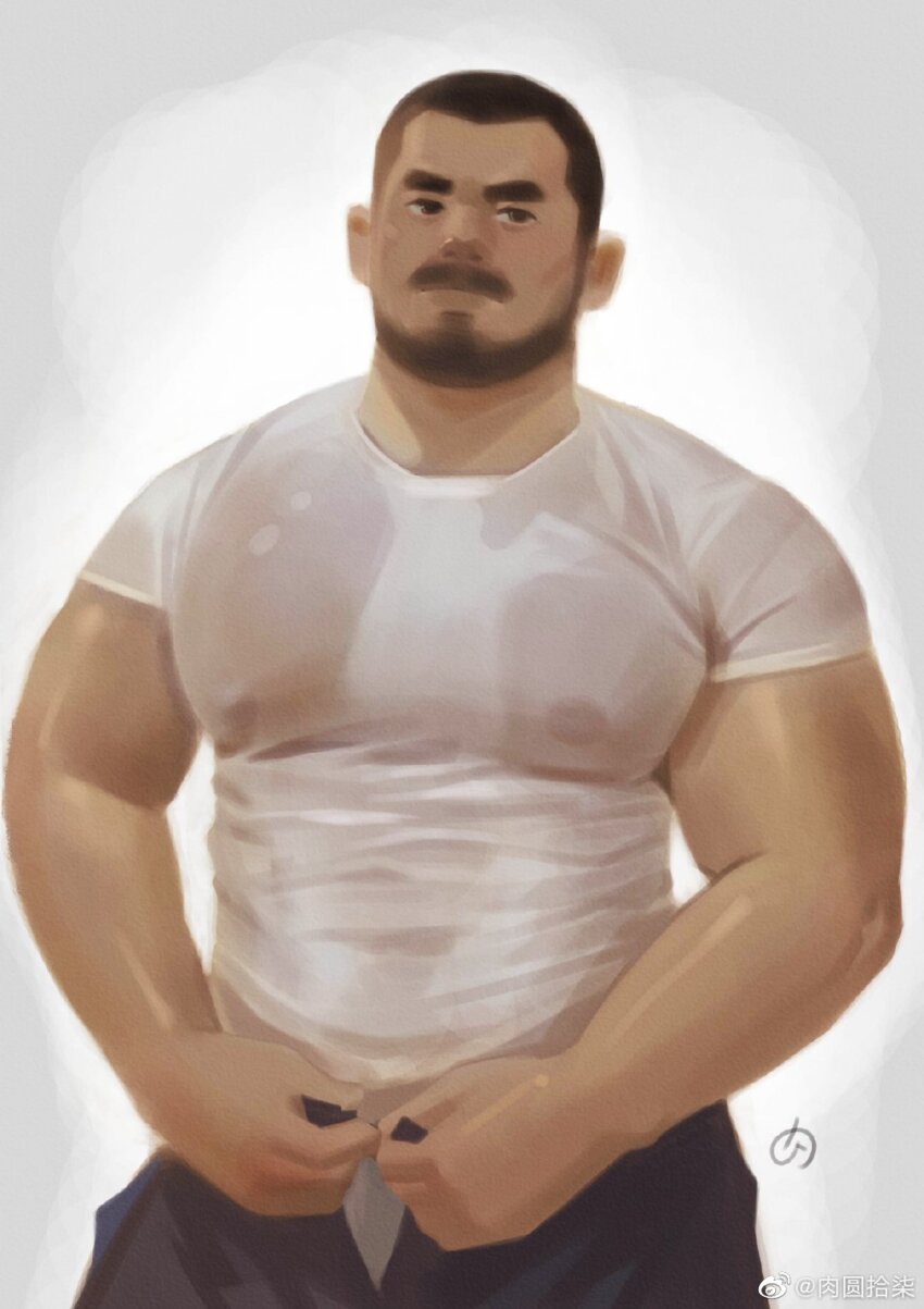 1boy, bara, beard, belly, buzz_cut, covered_erect_nipples, facial_hair, feet_out_of_frame