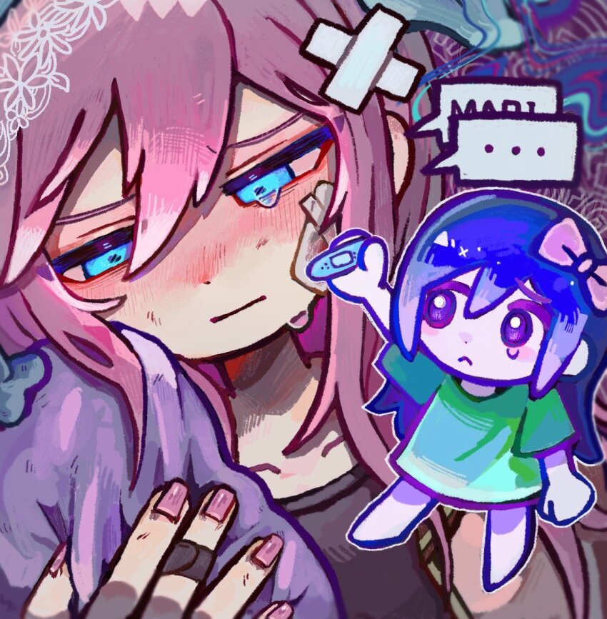 ..., 2girls, :|, aubrey_(faraway)_(omori), aubrey_(headspace)_(omori), aubrey_(omori), blue_eyes, blush, bow, closed_mouth, collarbone, colored_skin, crying, crying_with_eyes_open, dual_persona, hair_bow, long_hair, looking_at_viewer, multiple_girls, omori, pink_bow, pink_hair, pink_nails, purple_eyes, purple_hair, speech_bubble, spoken_ellipsis, tears, uminosoko44, white_skin