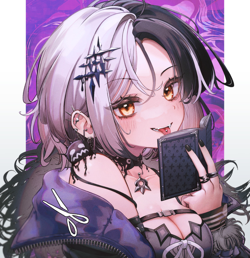 1girl, alternate_hairstyle, alzcats, bare_shoulders, black_hair, book, breasts, cleavage