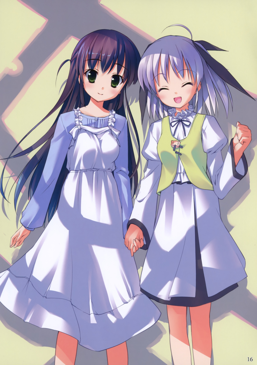 2girls, :d, absurdres, dress, closed_eyes, holding_hands, highres, image_sample