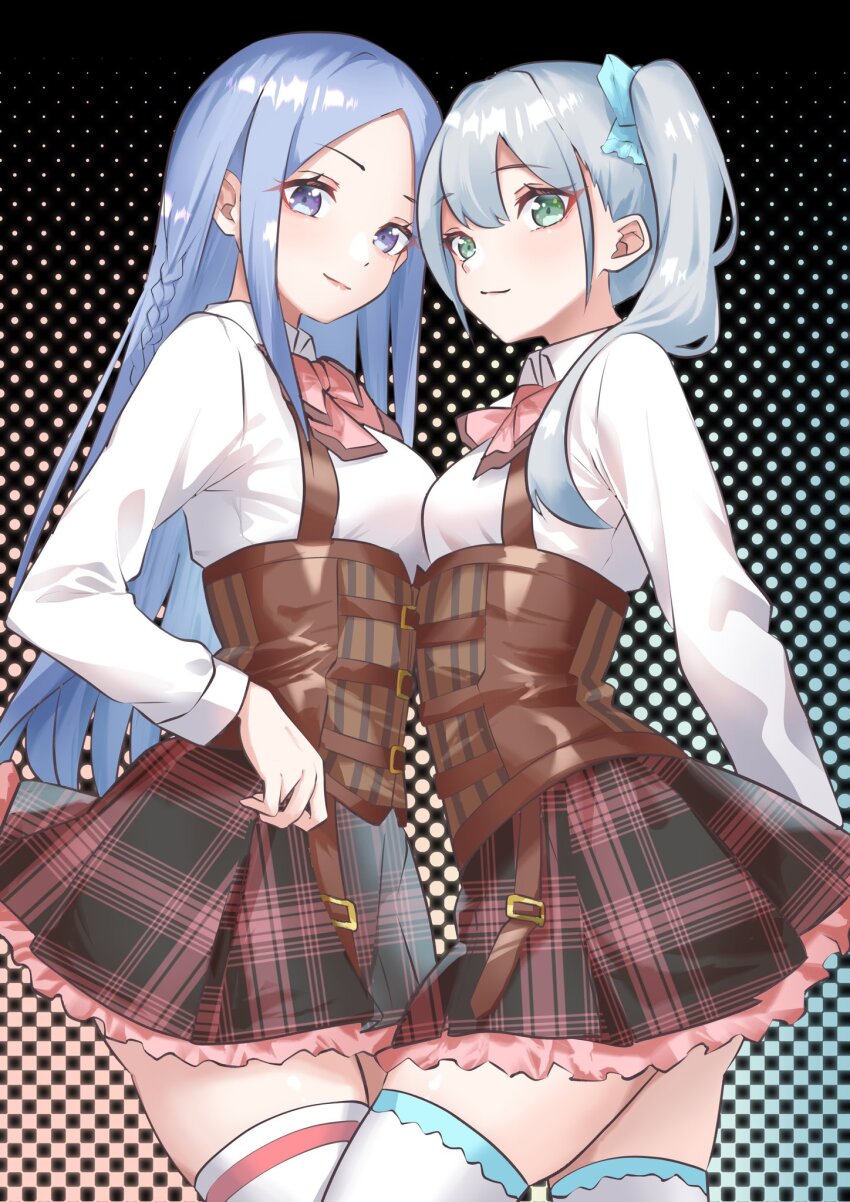 2girls, aqua_background, aqua_bow, arm_behind_back, assault_lily, belt, belt_buckle, bikini