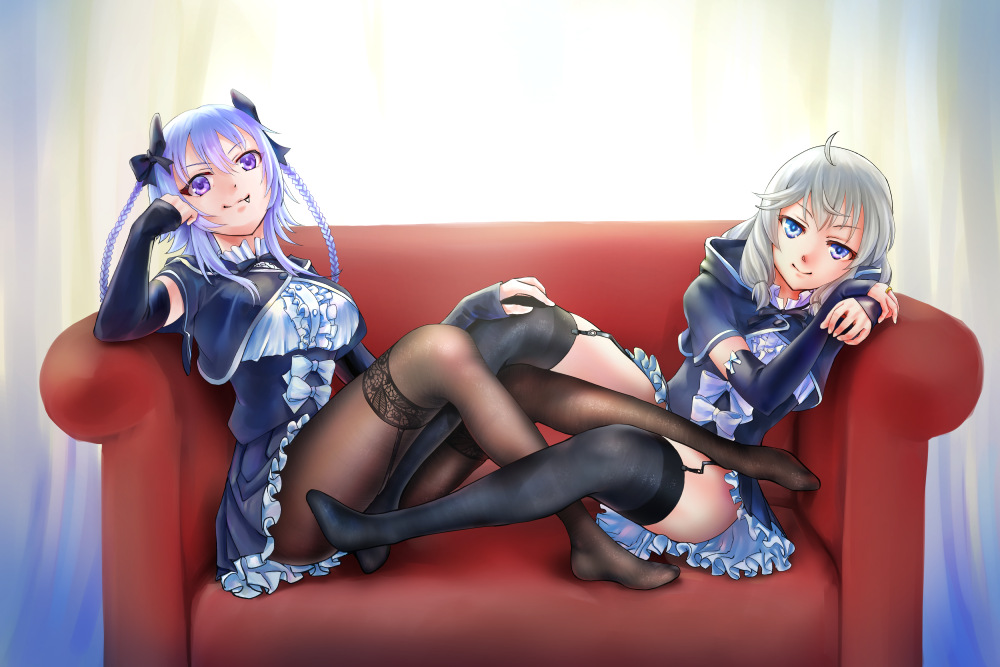 >:), 2girls, ahoge, assault_lily, black_bow, black_skirt, black_thighhighs, blue_eyes, blue_hair, bow, braid, breasts, brown_pantyhose, center_frills, closed_mouth, commentary, couch, cropped_jacket, curtains, day, detached_sleeves, elbow_rest, fang, fang_out, frilled_shirt, frilled_shirt_collar, frilled_skirt, frills, full_body, garter_straps, grey_hair, hair_between_eyes, hair_bow, hand_on_another's_knee, hand_on_own_cheek, hand_on_own_face, head_on_arm, head_rest, hood, hood_down, indoors, jewelry, kanabako_misora, knees_up, leaning_to_the_side, leg_between_thighs, long_hair, long_sleeves, looking_at_viewer, medium_breasts, miniskirt, mori_tatsuki, multiple_girls, nenshuu5man, no_shoes, on_couch, pantyhose, pleated_skirt, purple_eyes, ring, school_uniform, shirt, short_sleeves, sitting, skirt, sleeve_bow, sleeves_past_wrists, smile, thighband_pantyhose, thighhighs, twin_braids, underbust, v-shaped_eyebrows, white_bow, white_shirt, yurigaoka_girls_academy_school_uniform