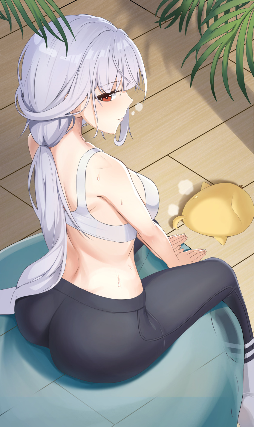 1girl, absurdres, ass, azur_lane, ball, bare_arms, bare_shoulders, black_pants