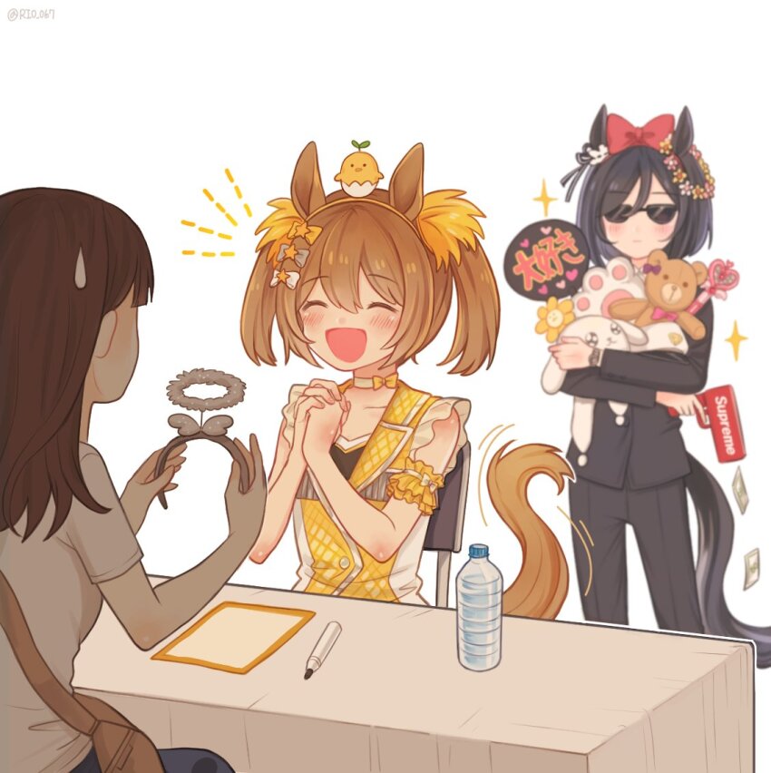 3girls, ^_^, animal_ears, arm_garter, bad_id, bag, black_hair, black_jacket