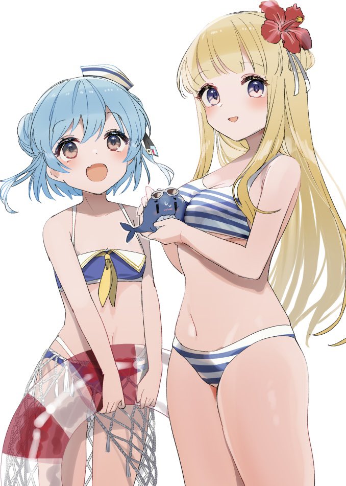2girls, bikini, blonde_hair, blue_bikini, blue_hair, breasts, cleavage, cosplay