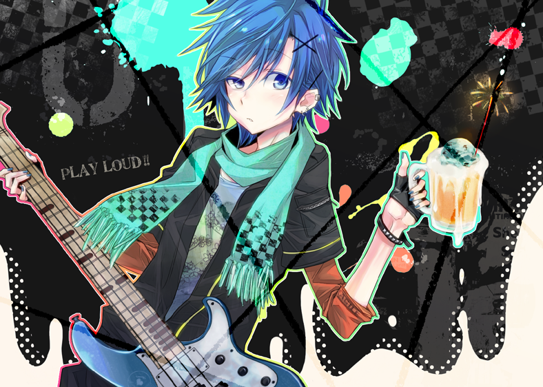 1boy, alcohol, bass_guitar, beer, beer_mug, blue_eyes, blue_hair, cup
