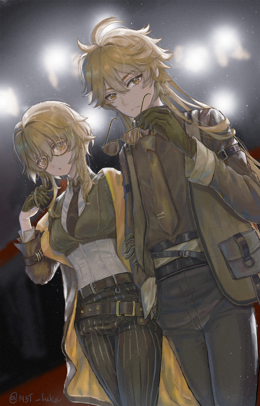 1boy, 1girl, aether_(genshin_impact), alternate_costume, alternate_hairstyle, antenna_hair, artist_name, belt, black_belt, black_pants, blonde_hair, blurry, blurry_background, blush, brother_and_sister, brown_belt, brown_coat, brown_eyes, brown_necktie, brown_shirt, brown_vest, closed_mouth, coat, collared_shirt, genshin_impact, glasses, gloves, green_gloves, green_vest, hair_between_eyes, hand_in_pocket, hand_up, hands_up, highres, holding, holding_removed_eyewear, long_hair, long_sleeves, looking_at_viewer, lumine_(genshin_impact), n3t_luka, necktie, open_clothes, open_coat, open_mouth, open_vest, orange_coat, pants, pocket, shirt, short_hair, short_hair_with_long_locks, siblings, sidelocks, sparkle, standing, striped_clothes, striped_pants, two-sided_coat, two-sided_fabric, unworn_eyewear, vest, white_shirt, yellow_eyes