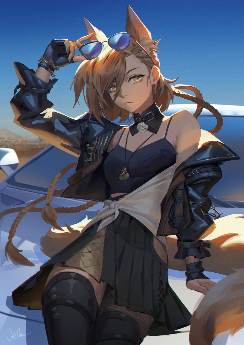 1girl, animal_ears, arknights, bare_shoulders, black_dress, black_jacket, blue_sky, braid