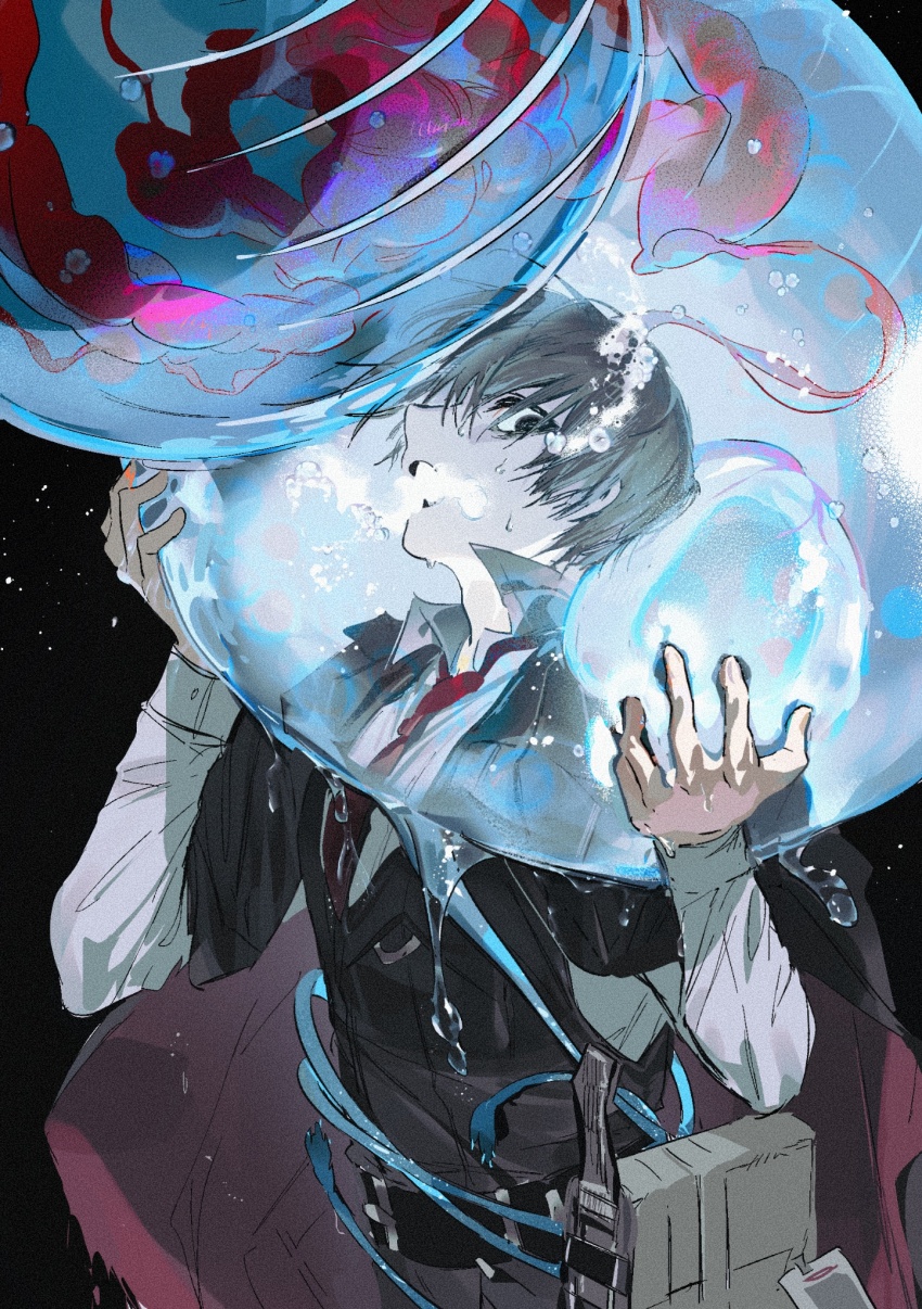 air_bubble, asphyxiation, belt, belt_pouch, black_belt, black_coat, black_eyes, black_hair, black_vest, bubble, coat, coat_on_shoulders, commentary_request, dagger, drowning, gapamopa, highres, intestines, knife, korean_commentary, limbus_company, long_sleeves, looking_at_viewer, monster, necktie, open_mouth, peccatulum_morositatis, pouch, project_moon, red_necktie, shirt, slime_(substance), sweat, vest, weapon, white_shirt, yi_sang_(project_moon)