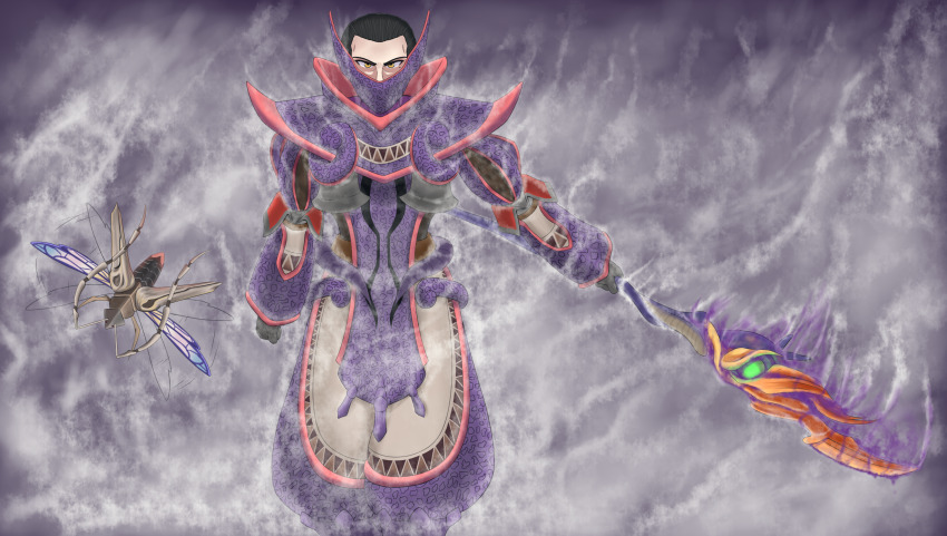 angry, armor, arms_at_sides, black_hair, capcom, chameleos, chameleos_(armor), fenrir