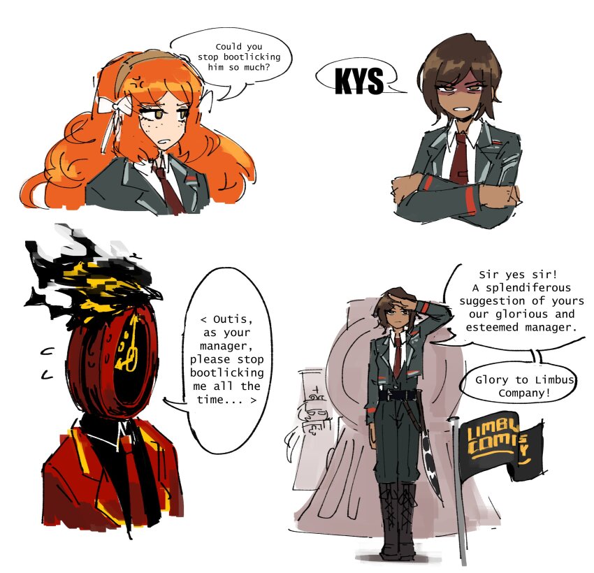 1other, 3girls, absurdres, atlaszoidac, black_jacket, black_pants, black_vest, bow